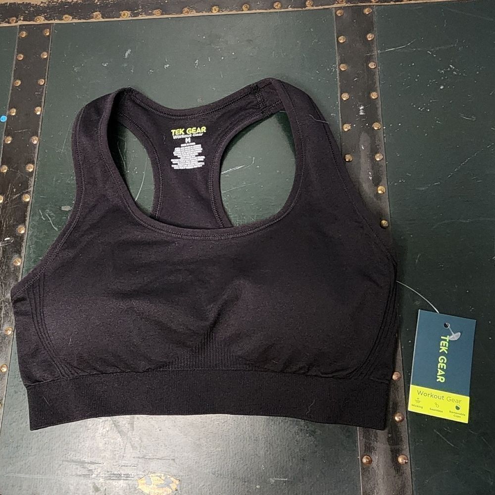 TEK GEAR Workout Bra Women's Sz Medium Black Low Impact Sports Bra Racerback NWT